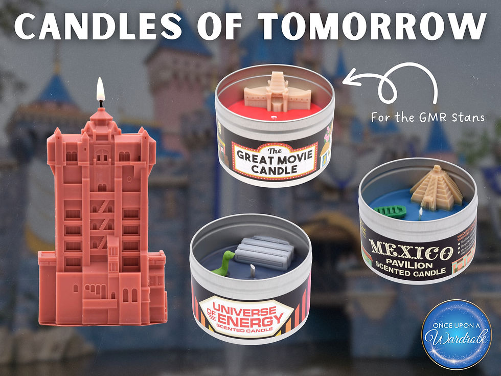 Disney attraction-inspired candles from Candles of Tomorrow including a Tower of Terror candle and tin candles themed to The Great Movie Ride, Universe of Energy, and EPCOT’s Mexico Pavilion.