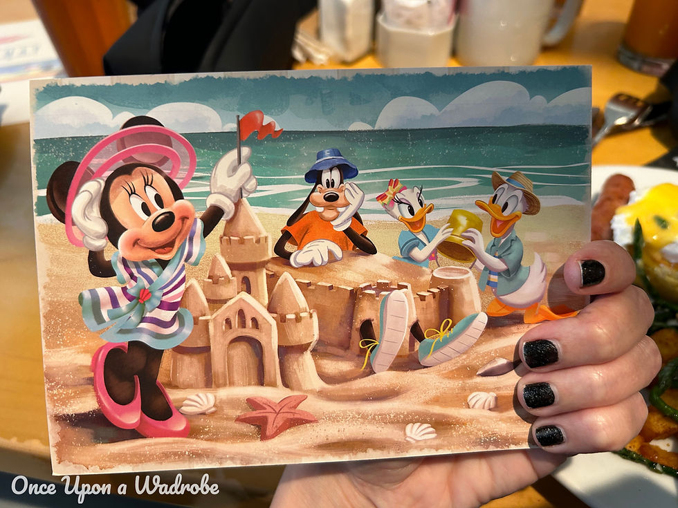 Postcard photo of Minnie, Goofy, Daisy, and Donald from the Cape May Cafe Character Breakfast at Walt Disney World