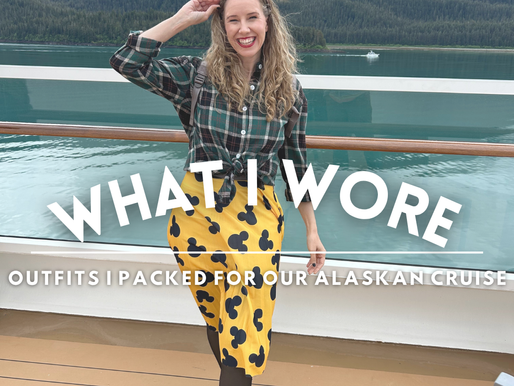 Blog thumbnail image showing a woman on a Disney Alaska Cruise wearing Mickey ears, a green flannel, and a yellow skirt with black Mickey heads, with overlay text that reads “What I Wore: Outfits I Packed for Our Alaskan Cruise” — fashion inspiration for cold-weather Disney cruising.