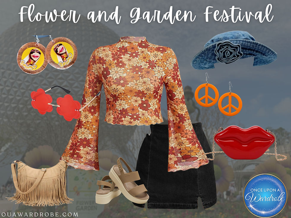 Retro orange floral top with black skirt Disney bounding outfit for EPCOT Flower and Garden Festival, styled with peace sign earrings, fringe bag, platform sandals, and vintage flower festival aesthetic, unique Disney park outfit idea for women.