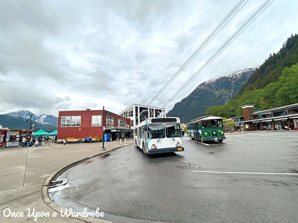 White and green tour buses in Juneau’s cruise port area, surrounded by shops and mountains.