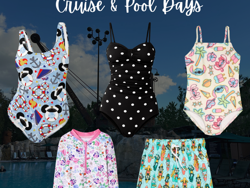 Disney swimsuits blog graphic featuring women’s Disney print one pieces, black polka dot swimsuit, toddler long sleeve Minnie swimsuit, and Mickey Mouse swim trunks for Disney Cruise, Castaway Cay, and Disney World pool days.