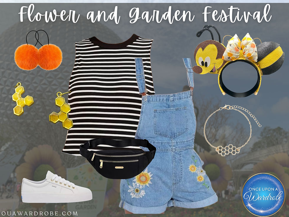 Spike the Bee inspired Disney outfit for EPCOT Flower and Garden Festival with striped black and white tank, denim overall shorts with floral embroidery, bee earrings, honeycomb jewelry, Minnie ears, and white sneakers, casual Disney park outfit for spring.