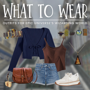 Outfit flat lay titled “What to Wear: Outfits for Epic Universe’s Wizarding World,” featuring a navy cropped cardigan, brown tank top, denim shorts, white sneakers, leather crossbody bag, and MACUSA necklace — styled by Once Upon a Wardrobe for exploring the Wizarding World at Universal Orlando. Keywords: Epic Universe outfits, Wizarding World fashion, Universal Studios Orlando, Fantastic Beasts outfit ideas, theme park outfit inspiration.
