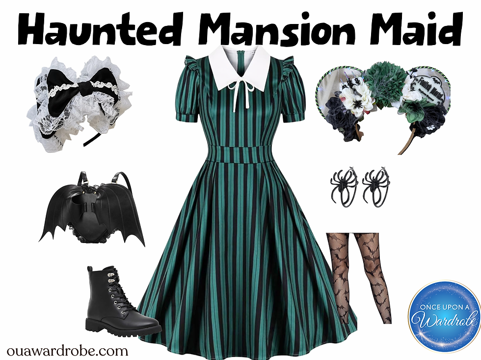 Haunted Mansion maid Disneybound outfit idea featuring a green and black striped dress, lace maid headband, Haunted Mansion-inspired Mickey ears, black bat backpack, spider earrings, bat-pattern tights, and black combat boots.
