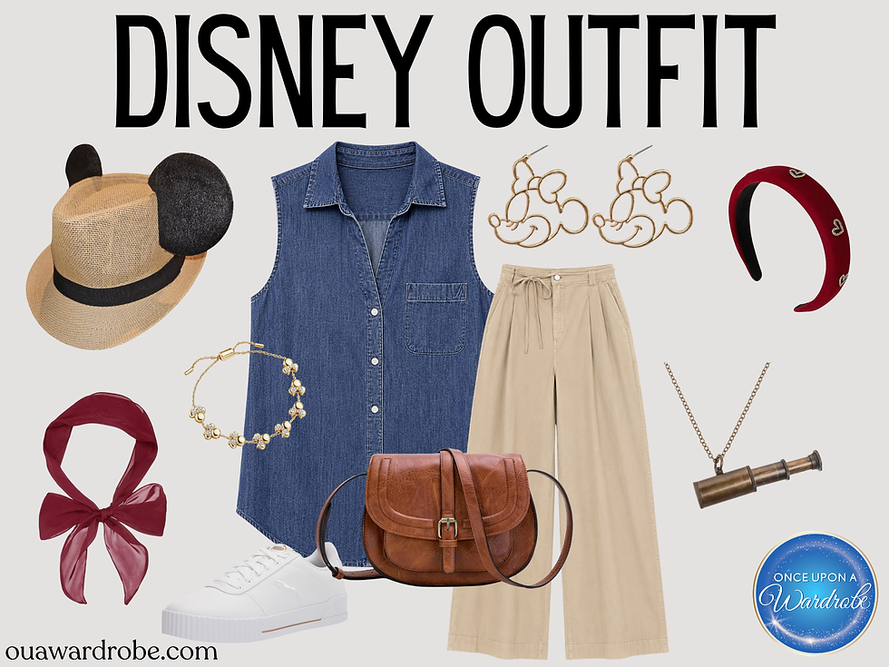 Captain Minnie outfit for a Disney Treasure cruise featuring a denim sleeveless shirt, tan wide-leg pants, white sneakers, Mickey ear straw hat, red accessories and brown crossbody bag.