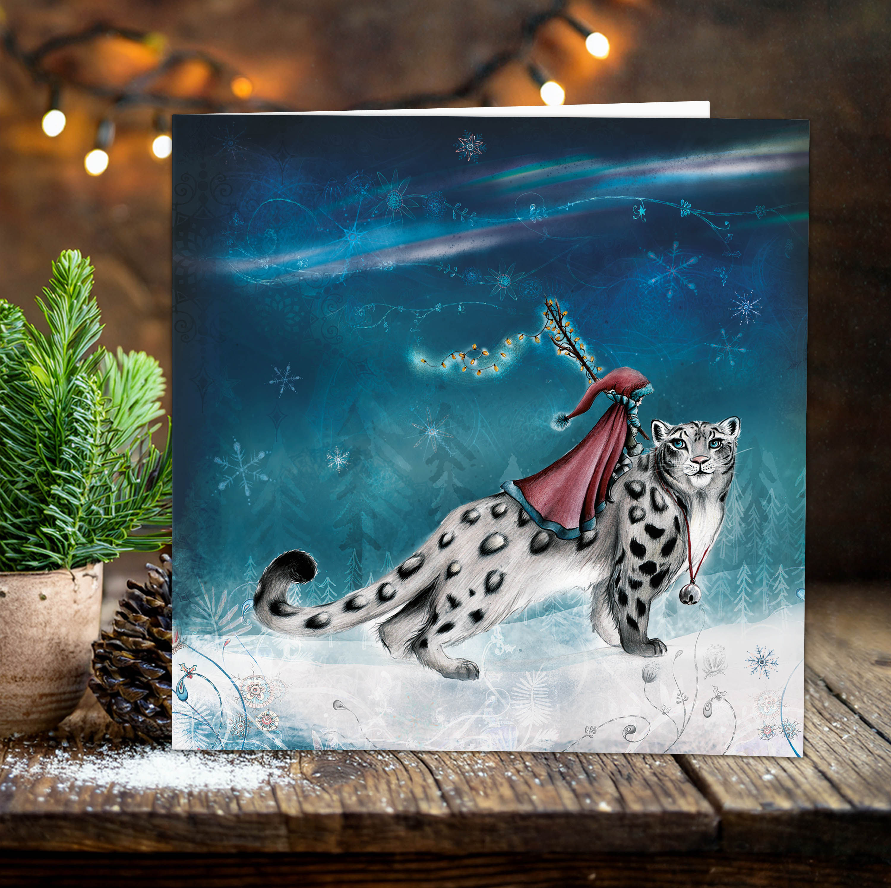 Snow Leopard and Girl Christmas Card | Winter Fairytale