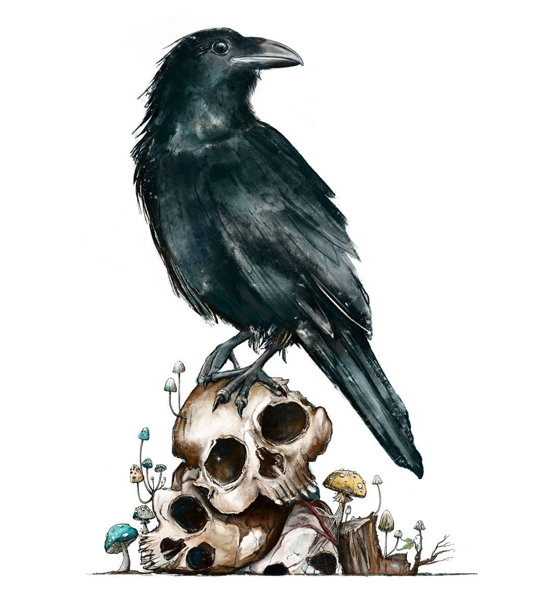 A raven perched on skulls and toadstools