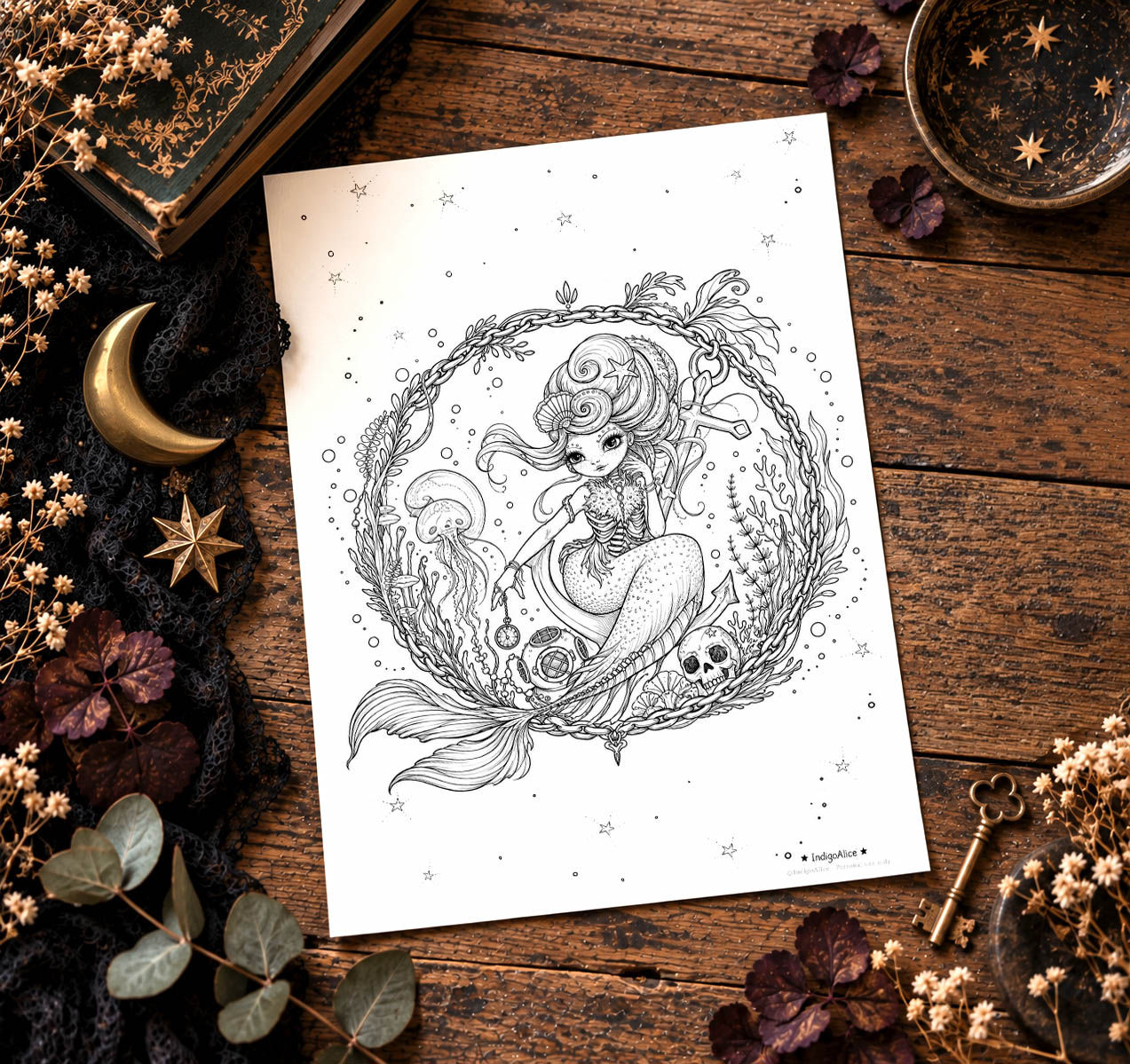 Gothic Mermaid Colouring Page Printable | Dark Fantasy Mermaid | A4