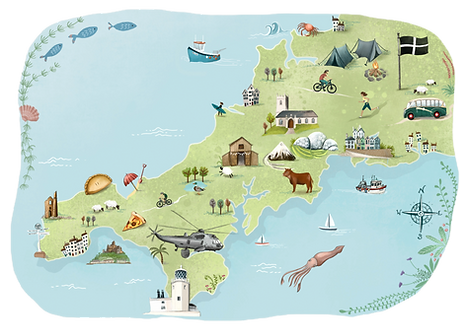 Illustrated map of cornwall for a bespoke wedding stationary with Laura Likes.