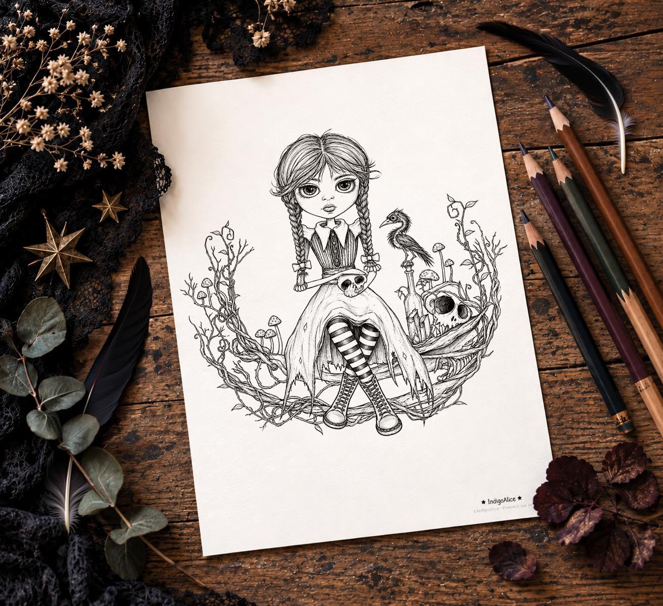 Goth Girl Printable Colouring Page | Gothic Adult Colouring Sheet | Dark Academ