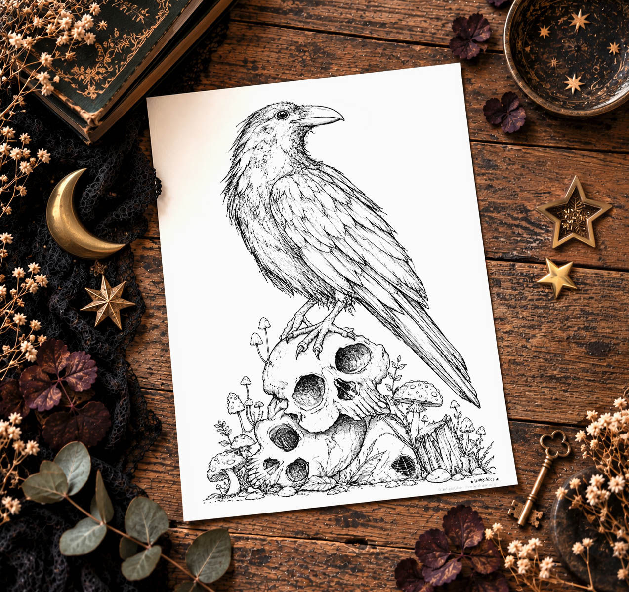 Raven & Skulls Gothic Printable Colouring Page