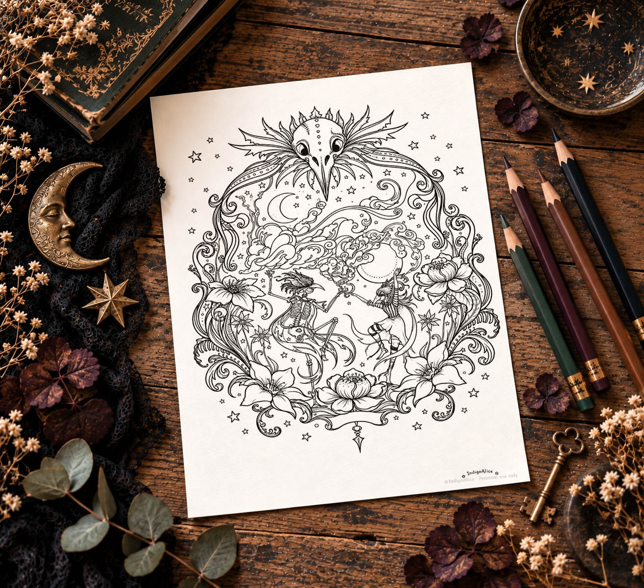 Danse Macabre Printable Colouring Page | A4 Gothic Adult Colouring Sheet