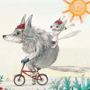 Children's illustration of two cycling wolves, on large one on a red bike with a younger one on his back with arms raised in the wind.  They are wearing red cycling helmets and the sun is shining.