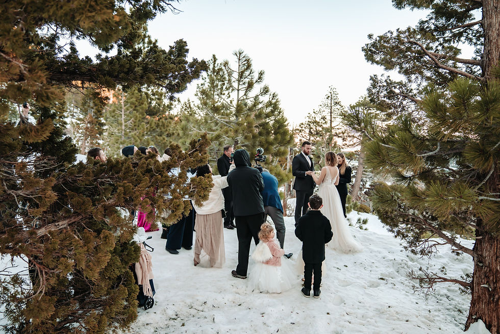 A winter elopement ceremony in Emerald Bay with friends and family