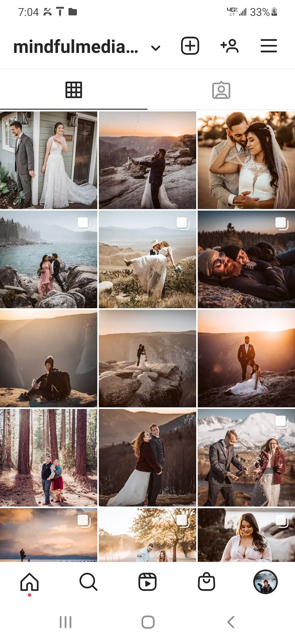 A sample of an instagram feed and what it looks like with pictures of wedding eloping couple for adventure elopements