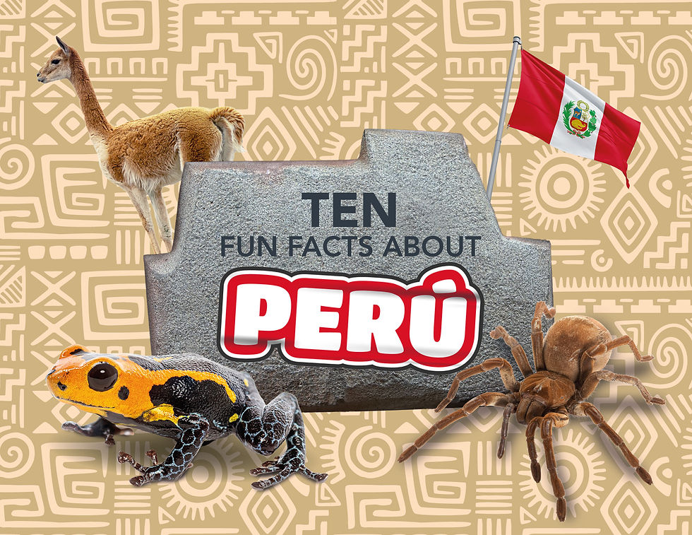 Peru trivia graphic with alpaca, poison dart frog and tarantula around stone sign reading Ten Fun Facts About Perú, with Peruvian flag.
