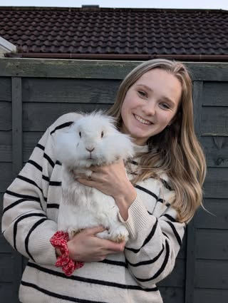 White rabbit being held by woman in stripy jumper