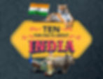 India's flag, tiger, peacock, dancer, and rhino on a yellow sign reading "Ten Fun Facts About India" against a dark patterned backdrop.