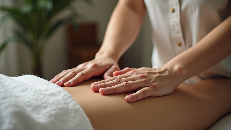 Close-up view of a Reiki practitioner’s hands gently hovering over a client’s back