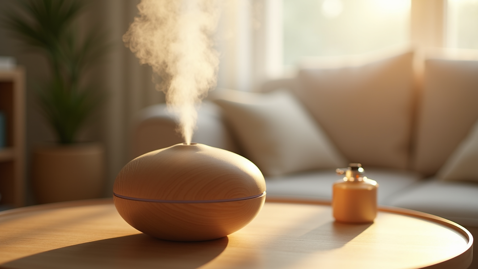 Close-up of essential oil diffuser releasing mist in a softly lit room