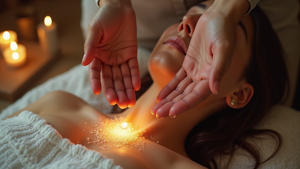 High angle view of a practitioner performing energy healing with hands above a client