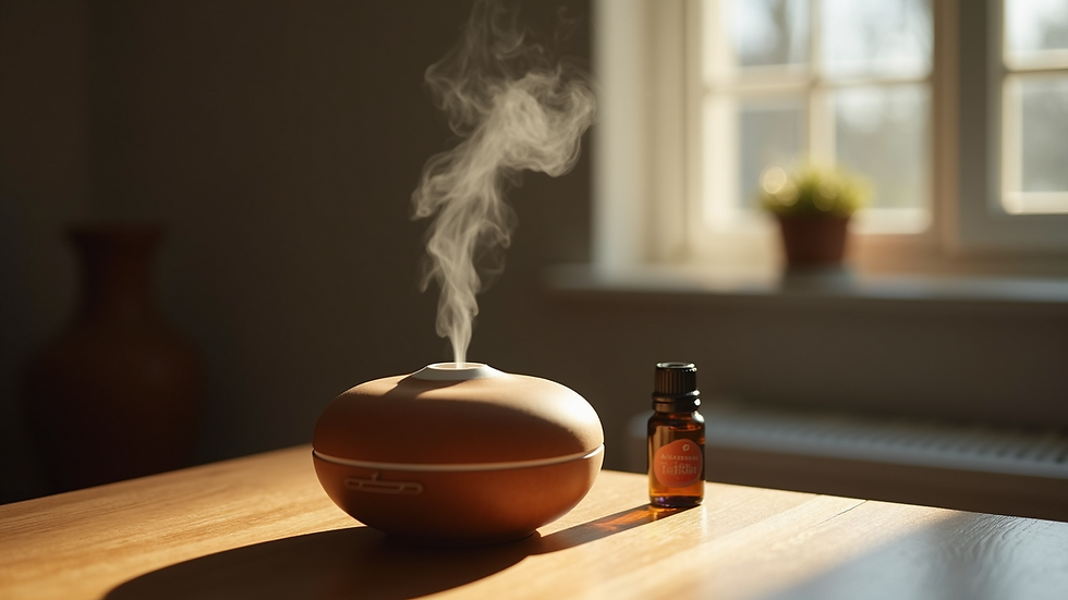 Close-up view of a diffuser releasing calming essential oils in a dimly lit room