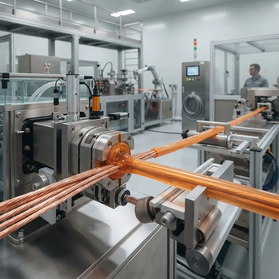 Industrial photography of copper cables being processed by automated machinery in a clean, modern manufacturing facility.
