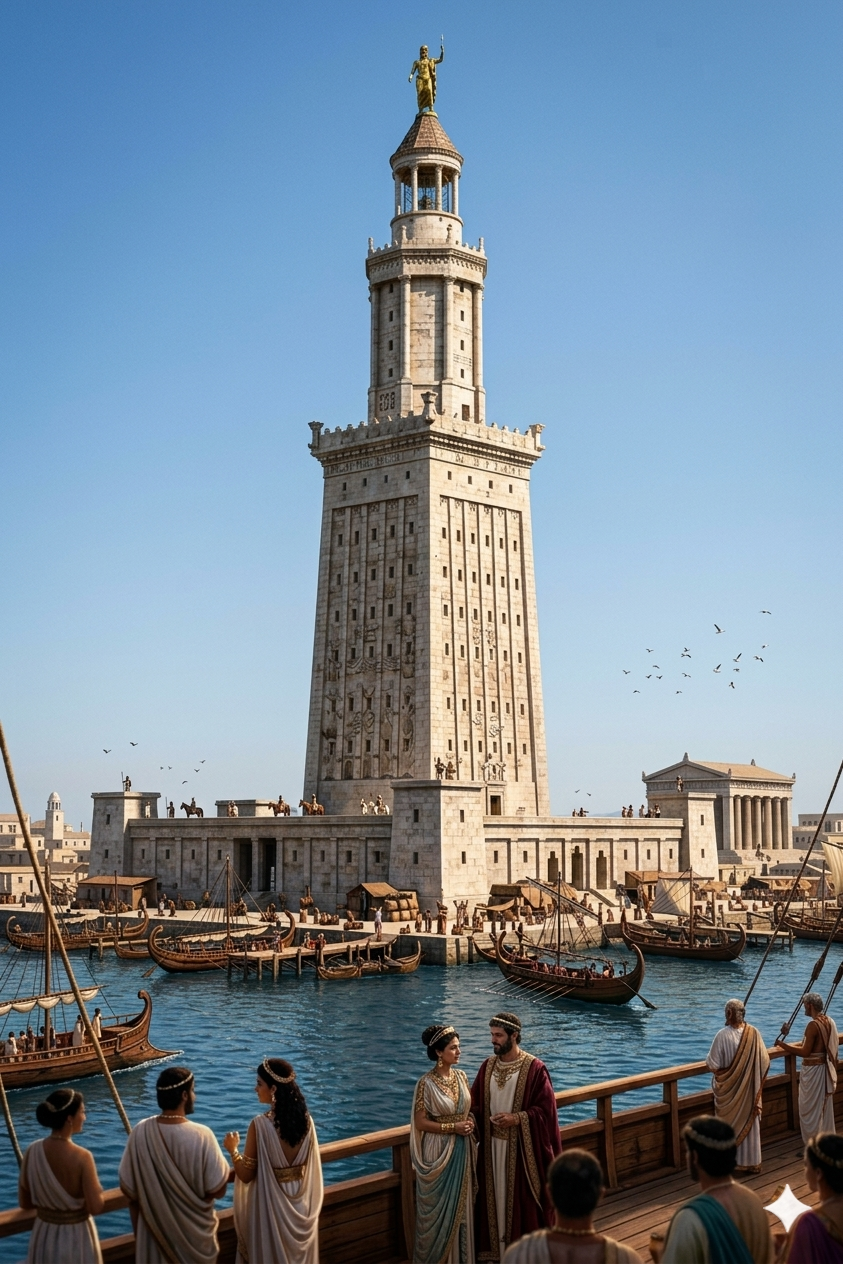 AI depiction of the ancient Lighthouse of Alexandria, crowned by the statue of Poseidon, with bustling activity around its base and elegant ships moored in the harbor.