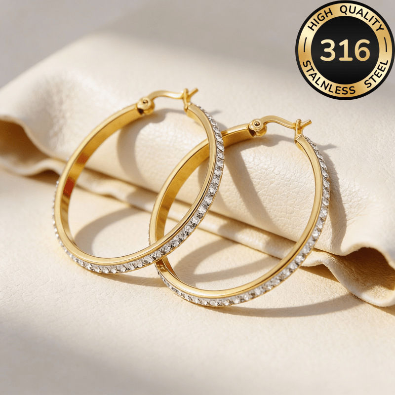 Thumbnail: 316L Stainless Steel Crystal Hoop Earrings Gold Silver Color Large Circle Hypoal