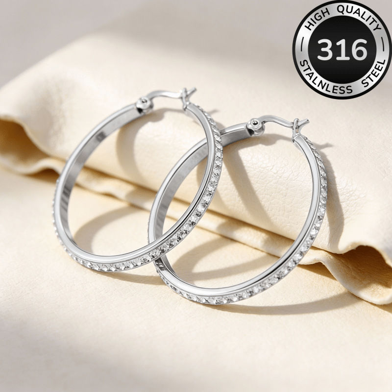 Thumbnail: 316L Stainless Steel Crystal Hoop Earrings Gold Silver Color Large Circle Hypoal
