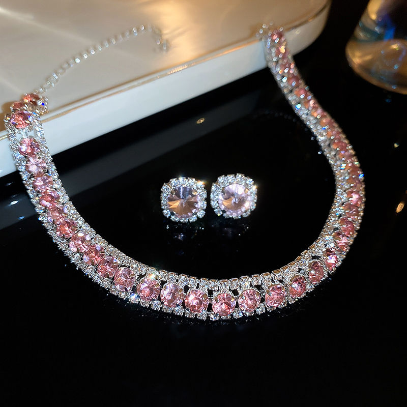 Thumbnail: Luxury Green Rhinestone Necklace Stud Earrings For Women Crystal Choker Necklace