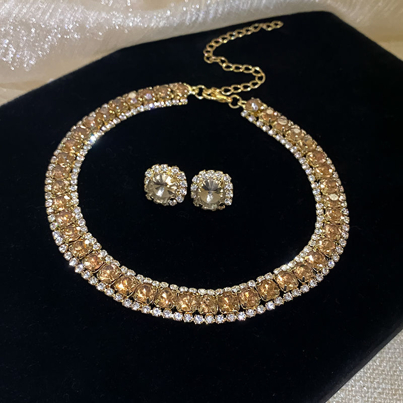 Thumbnail: Luxury Green Rhinestone Necklace Stud Earrings For Women Crystal Choker Necklace