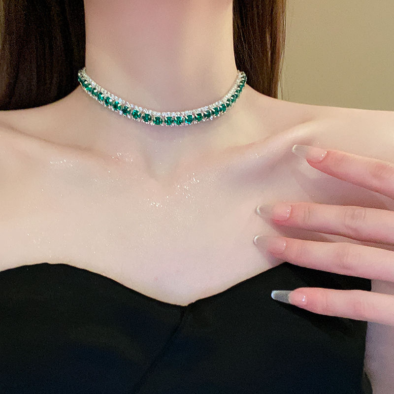 Thumbnail: Luxury Green Rhinestone Necklace Stud Earrings For Women Crystal Choker Necklace