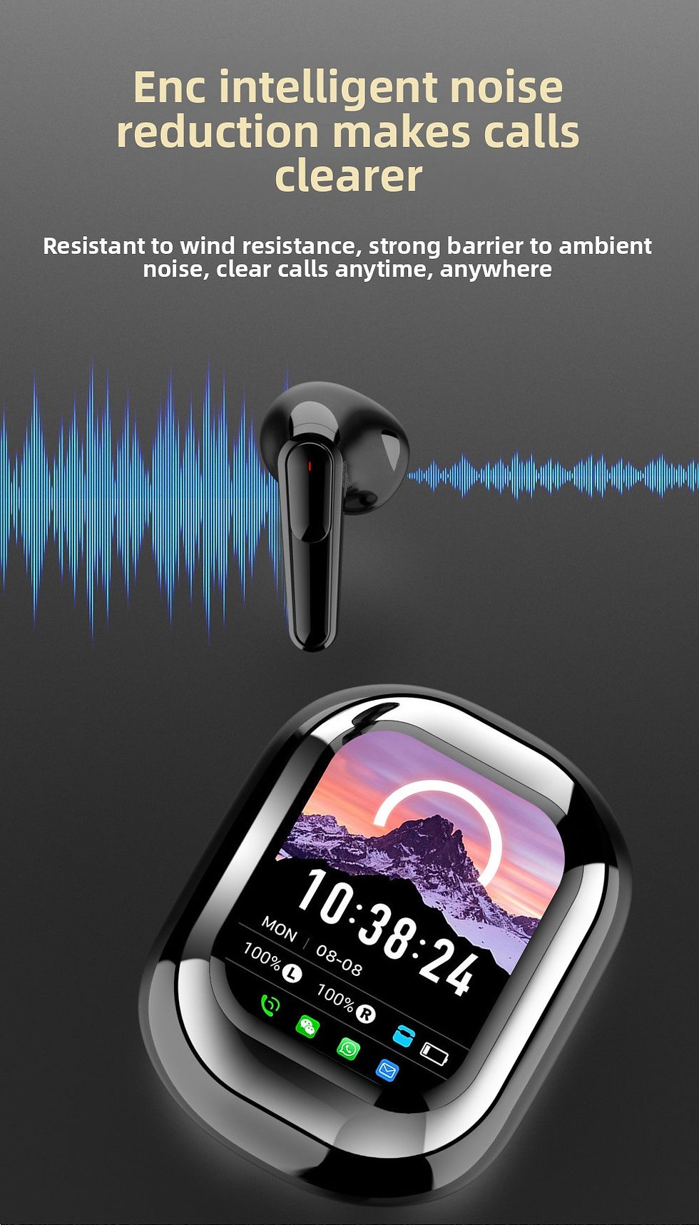 Thumbnail: Wireless Headphones LED Full-color Touch Screen Sliding Cover Blue Tooth Earphon