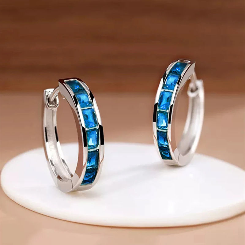 Thumbnail: Huitan Classic Design Women Hoop Earrings Full with Princess Square CZ Simple an