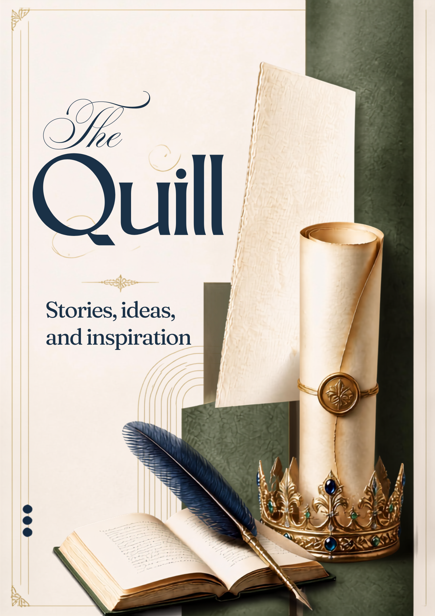 Open book, quill, and scroll
