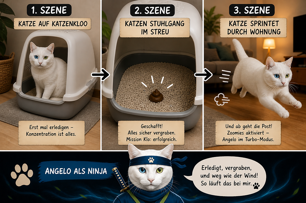 „Katze benutzt Katzenklo, bedeckt den Stuhlgang im Streu und rennt danach durch die Wohnung (typisches Katzenverhalten)“