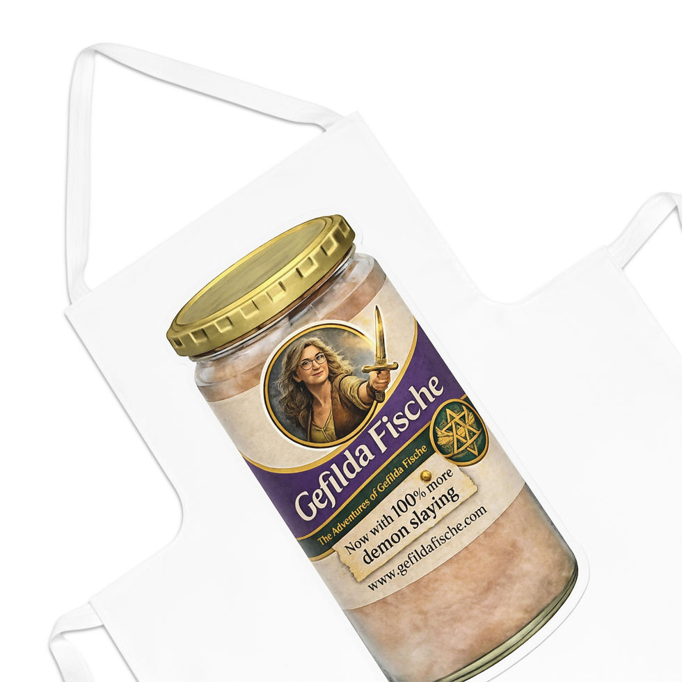 Thumbnail: White kitchen apron featuring the Gefilda Fische jar design, a vintage-style gefilte fish parody label with a sword-wielding