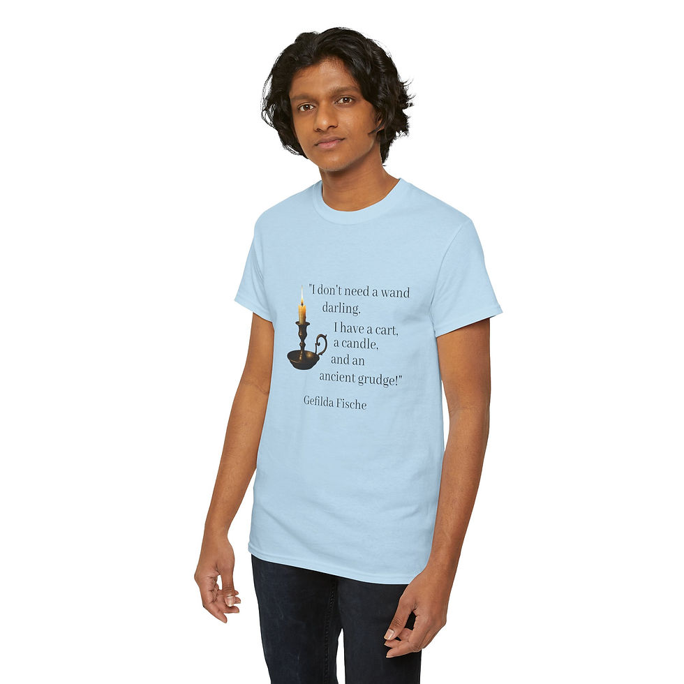 Thumbnail: Gefilda Fische t-shirt with “cart, candle, and grudge” quote and candle design