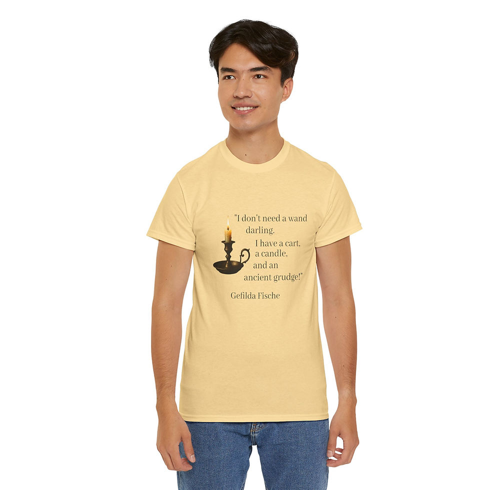 Thumbnail: Gefilda Fische t-shirt with “cart, candle, and grudge” quote and candle design