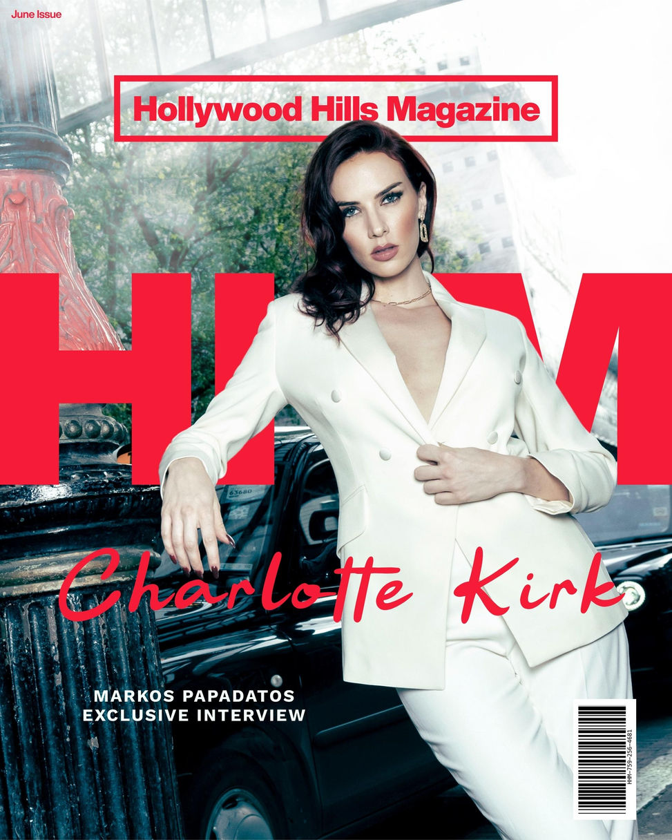 Hollywood Hills Magazine cover featuring Charlotte Kirk in a white suit by a parked car; June Issue, Markos Papadatos interview. Cover Design by Avi Wiseman