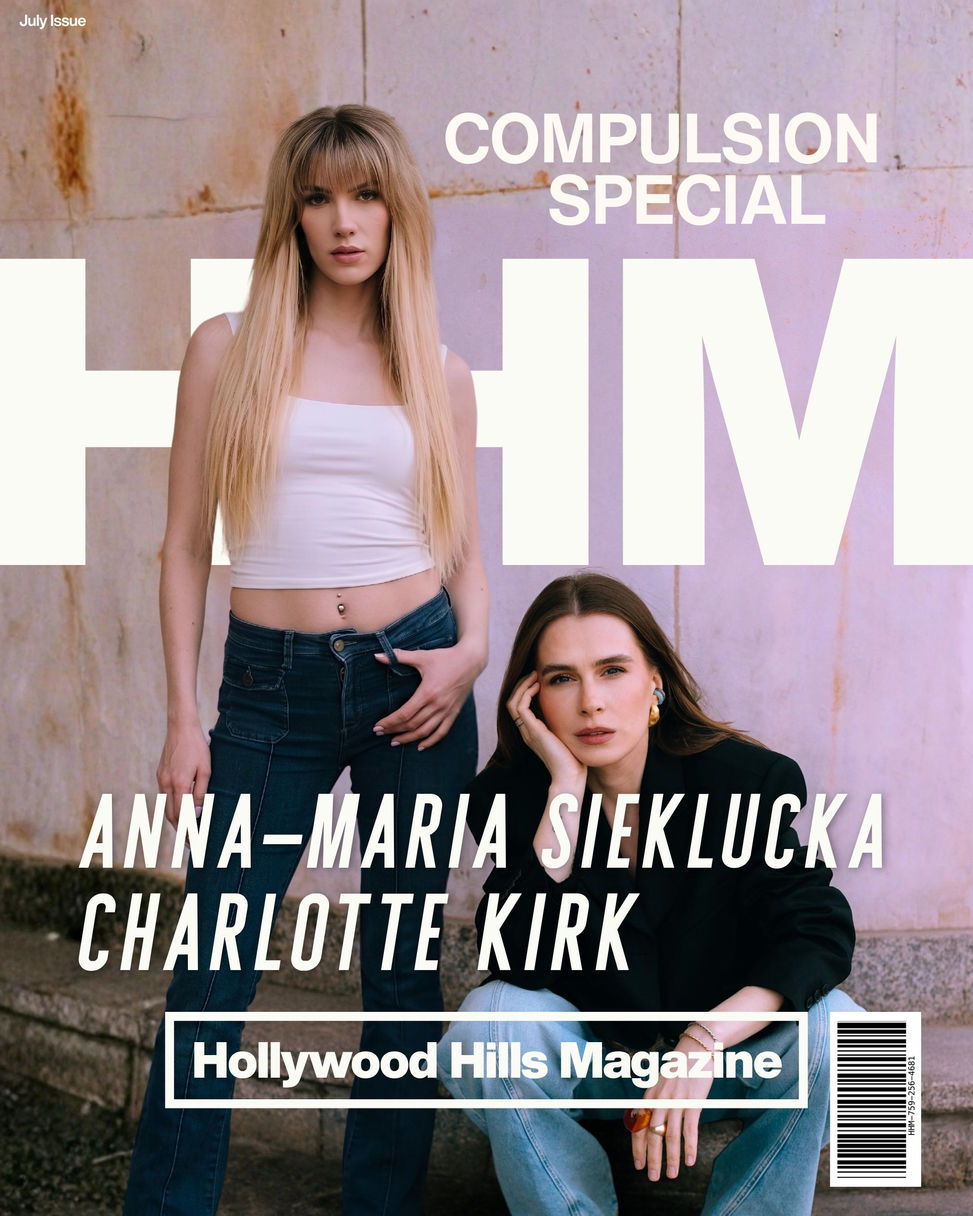 Magazine cover of two women posing before a weathered wall, with text Compulsion Special, Anna-Maria Sieklucka, Charlotte Kirk. Cover Art Design Avi Wiseman