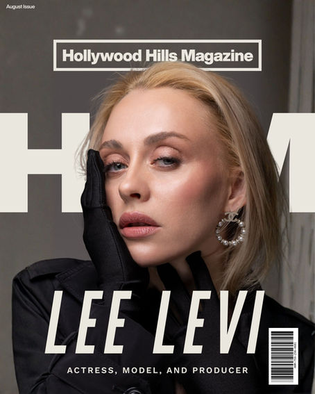 Magazine cover of Lee Levi in black gloves and pearl earrings, with Hollywood Hills Magazine July Issue text. Cover Art Design Avi Wiseman