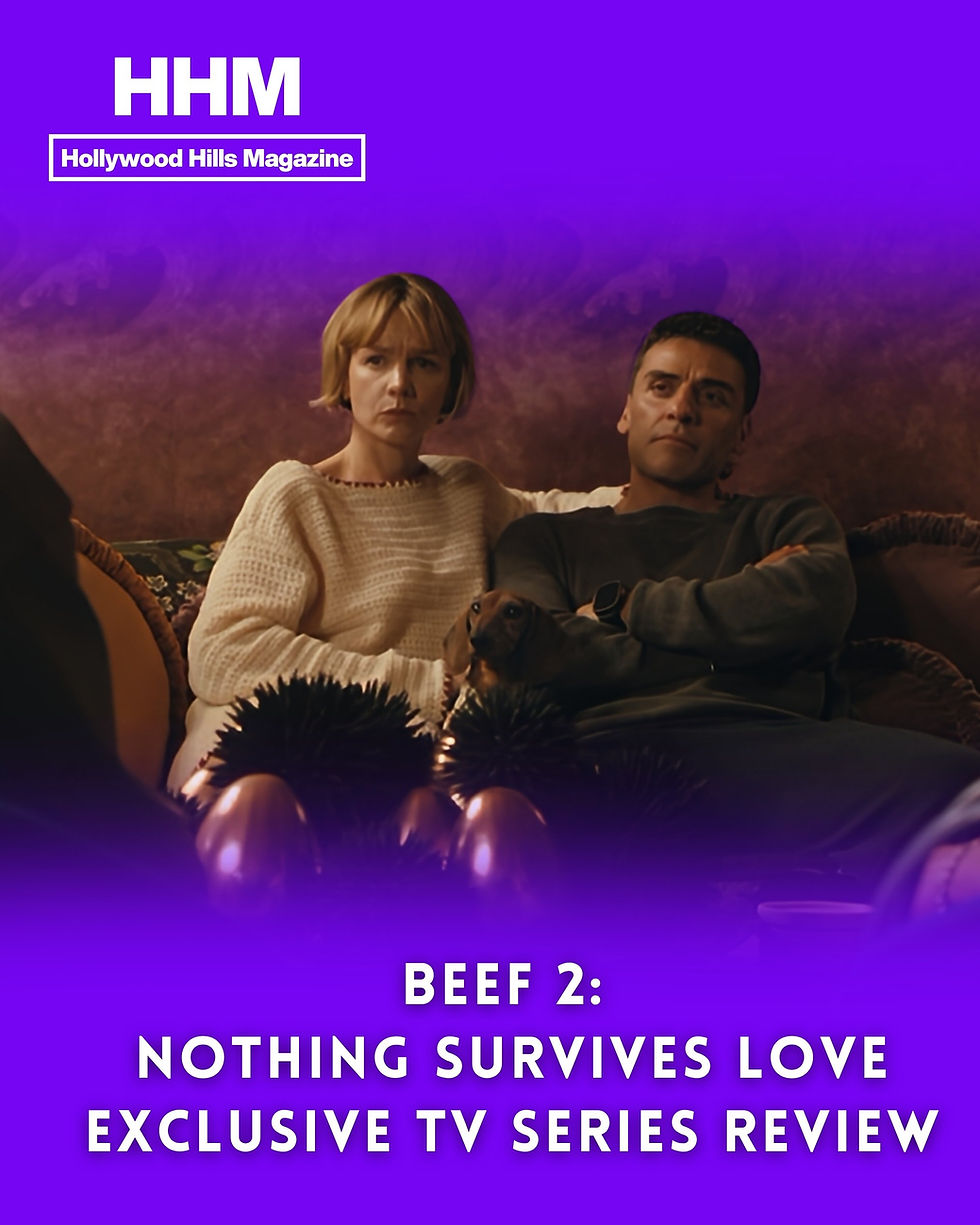 Oscar Isaac and Carey Mulligan sit on a sofa holding a dog in a cozy setting. Text reads "HHM: Beef2: Nothing Survives Love. Exclusive TV Series Review." Cailee Spaeny and Charles Melton @Courtesy of Netflix