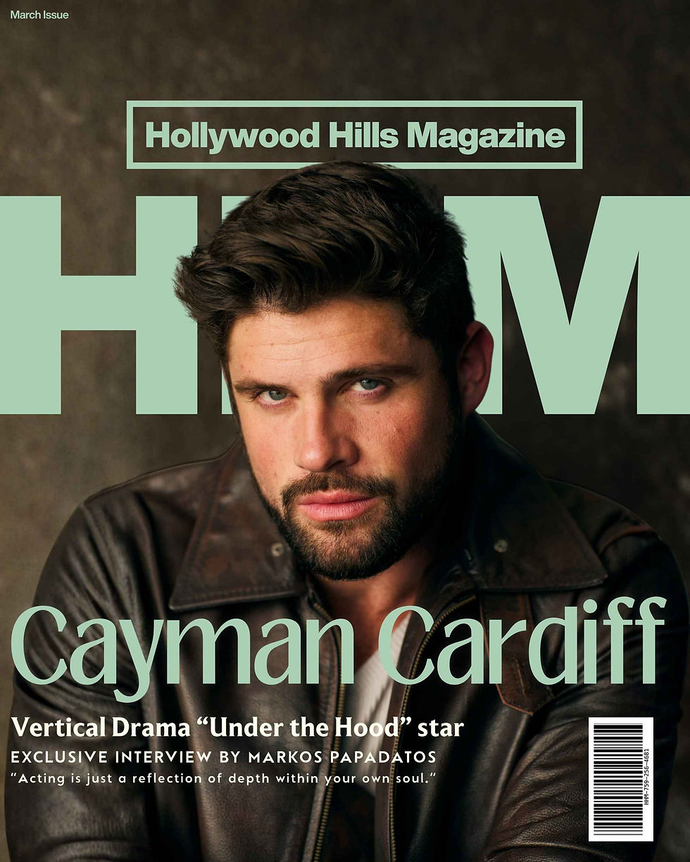 Cayman Cardiff a leather jacket on a magazine cover. Text reads "Hollywood Hills Magazine," highlighting an interview with Cayman Cardiff.