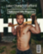 Shirtless Luke Charles Stafford holding an axe over his shoulder, set in a tropical forest. "Hollywood Hills Magazine" cover text with interview quote. Photography: Blushpix, LLC. Cover Design: Avi Wisman.