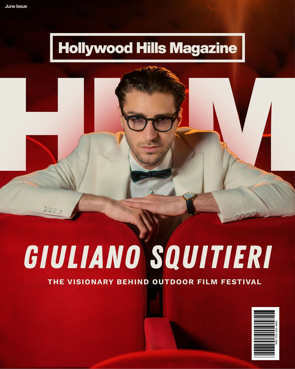 Hollywood Hills Magazine June Issue cover of Giuliano Squitieri in a white tuxedo, seated in red theater seats. Cover Design: Avi Wiseman, Photography: Daniele Longobardi