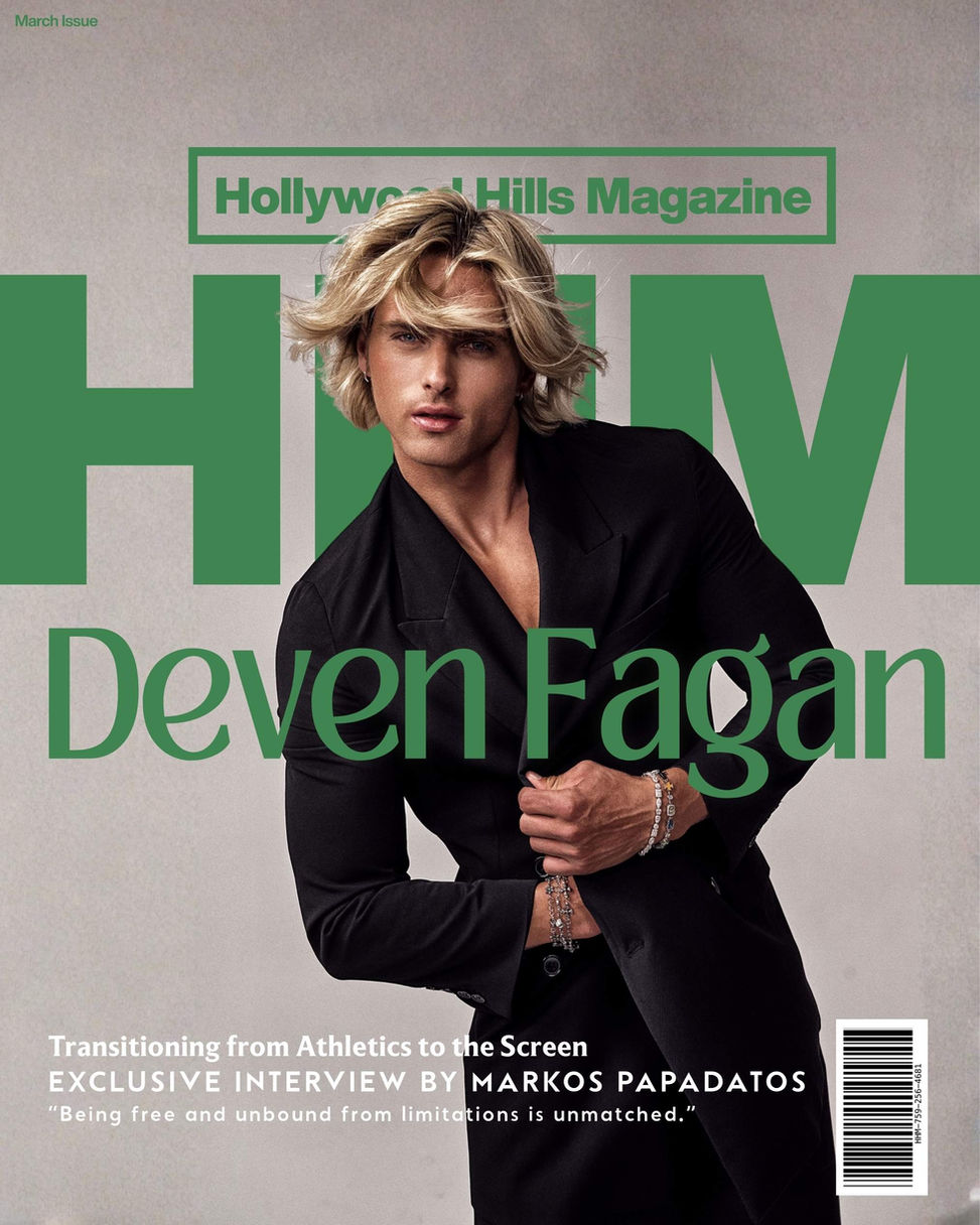 Blonde Deven Fagan in black suit poses on "Hollywood Hills Magazine" cover. Text: Deven Fagan, March Issue. Elegant, confident mood. Cover Design: Avi Wiseman. Photography: Per Bernal