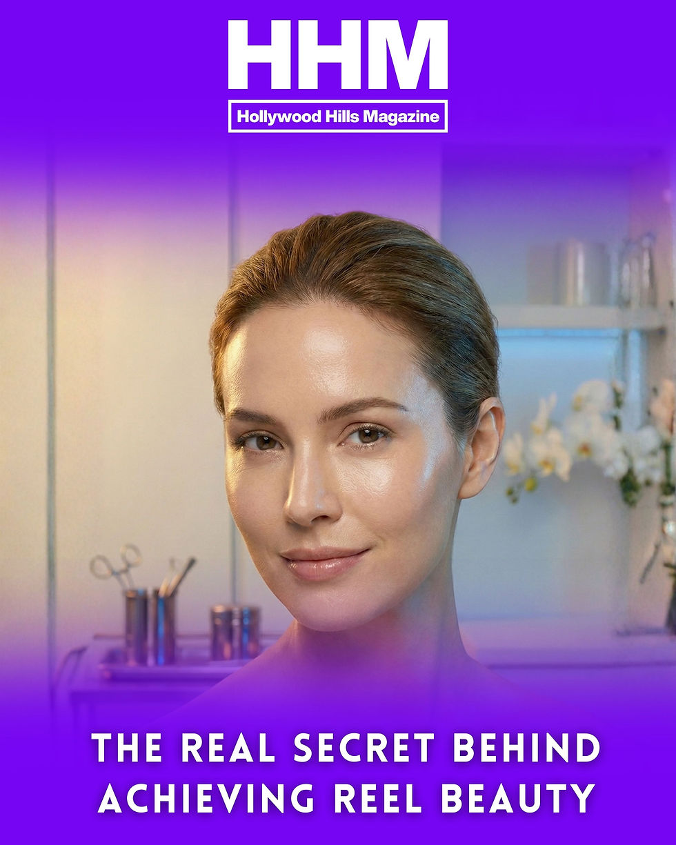 Smiling woman with glowing skin in beauty setting. Text: "HHM," "Hollywood Hills Magazine," and "The Real Secret Behind Achieving Reel Beauty."